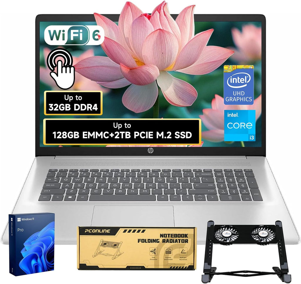 HP 17.3' Touchscreen Laptop, Intel Core i3 CPU, Win 11 Pro w/Office 365 for the Web, 32GB RAM, 128GB eMMC + 2TB SSD, Numeric Keypad, Wi-Fi 6, Silver, Bundle with PCO Notebook Fold Radiator, Cooler