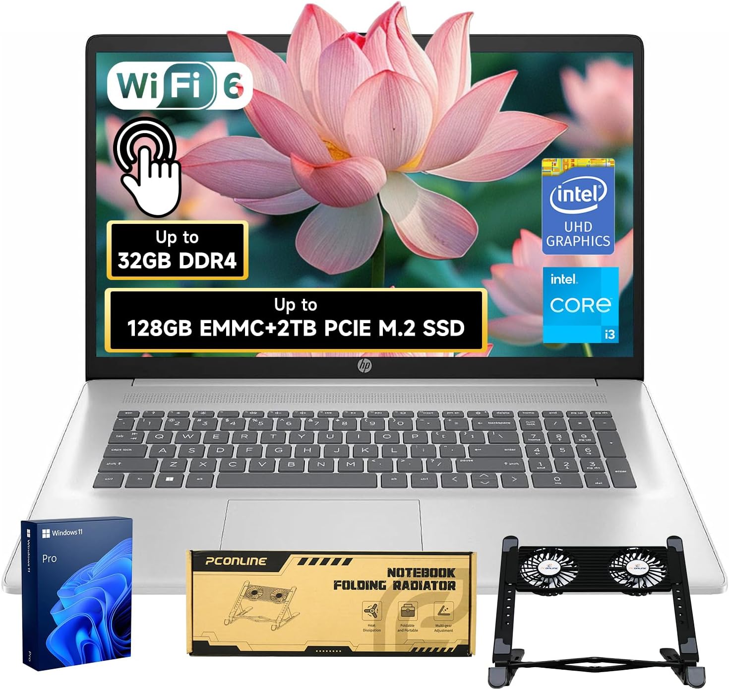 HP 17.3' Touchscreen Laptop, Intel Core i3 CPU, Win 11 Pro w/Office 365 for the Web, 32GB RAM, 128GB eMMC + 2TB SSD, Numeric Keypad, Wi-Fi 6, Silver, Bundle with PCO Notebook Fold Radiator, Cooler