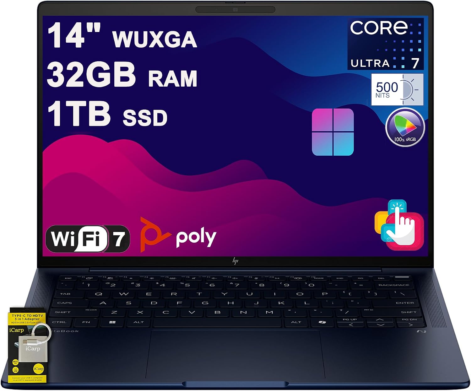 HP EliteBook X G1i Laptop 14' WUXGA Touchscreen (500nits 100% sRGB) Intel 8-core Ultra 7 258V (NPU Up to 47 Tops) 32GB DDR5 1TB SSD for Designer Business Professional Win11 ICP Hub
