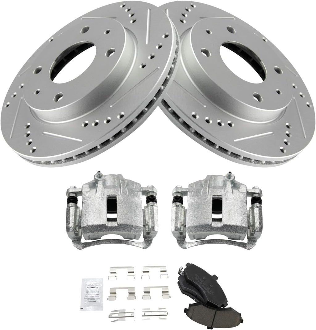TRQ Performance Front Brake Pad and Rotor Set Ceramic Drilled Slotted Coated Rotors Calipers Compatible with 2002-2005 Hyundai Elantra