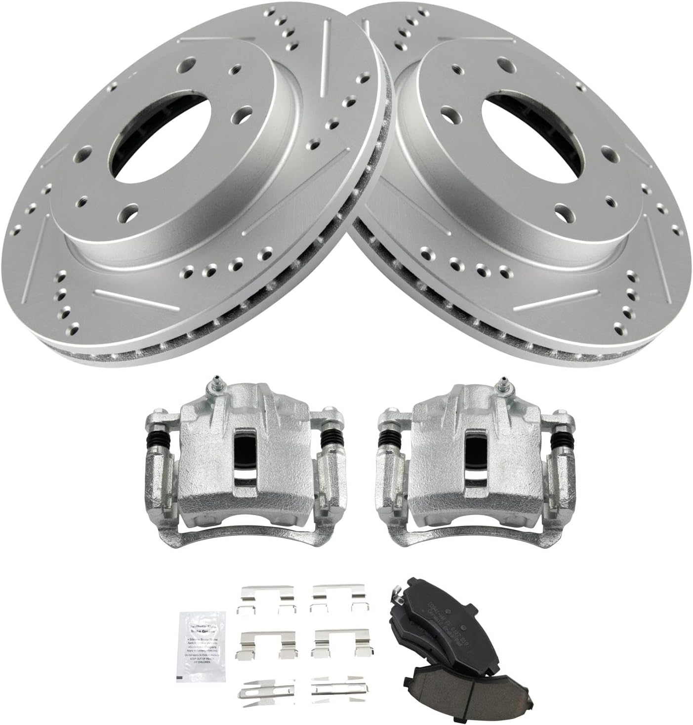 TRQ Performance Front Brake Pad and Rotor Set Ceramic Drilled Slotted Coated Rotors Calipers Compatible with 2002-2005 Hyundai Elantra
