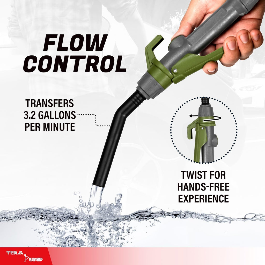 TERA PUMP [ 2nd Gen ] Fuel Transfer Pump w/Quick Flow Control Nozzle & Telescopic Tube, Powerful Rechargeable Battery, 4.9 FT Hose, Multipurpose Portable Battery Pump For Gas, Diesel, Water (3.2 GPM)