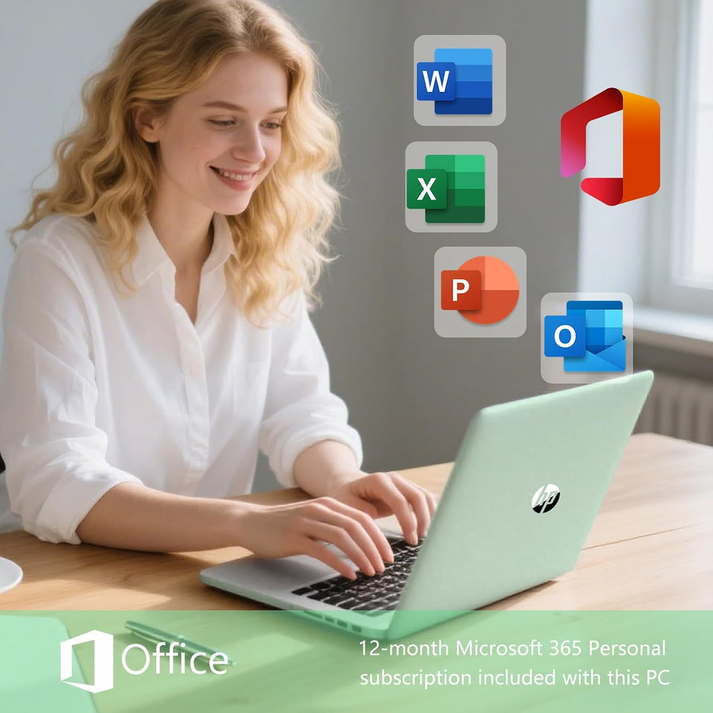 HP 14 Elite Laptop, 4GB RAM, 1.12TB Total Storage (128GB UFS+1TB Cloud), Willow Green, Office 365, Intel Multi-Core, Win11, Copilot AI, 11Hr Battery, Alpacatec Mouse