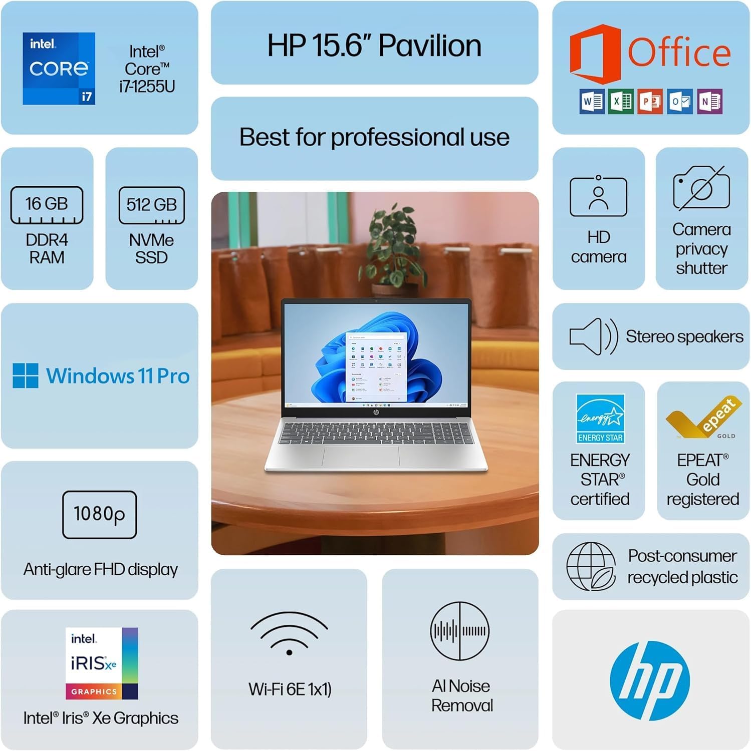HP 15.6' Laptop, 15.6' FHD IPS Screen Notebook, Intel 12th Core i7-1255U, Office 365 for The Web, Numeric Keypad, Webcam, HDMI, Wi-Fi, Windows 11 Home, Natural Silver (16GB RAM | 1TB SSD)