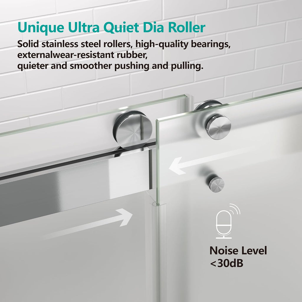 3/8'(10mm) 56-60' W x 76' H Shower Doors Frosted Glass Soft Closing Double Sliding Frameless Hidden Pull Handle and Towel Bar Handle Stainless Steel Hardware (Brushed Nickel)