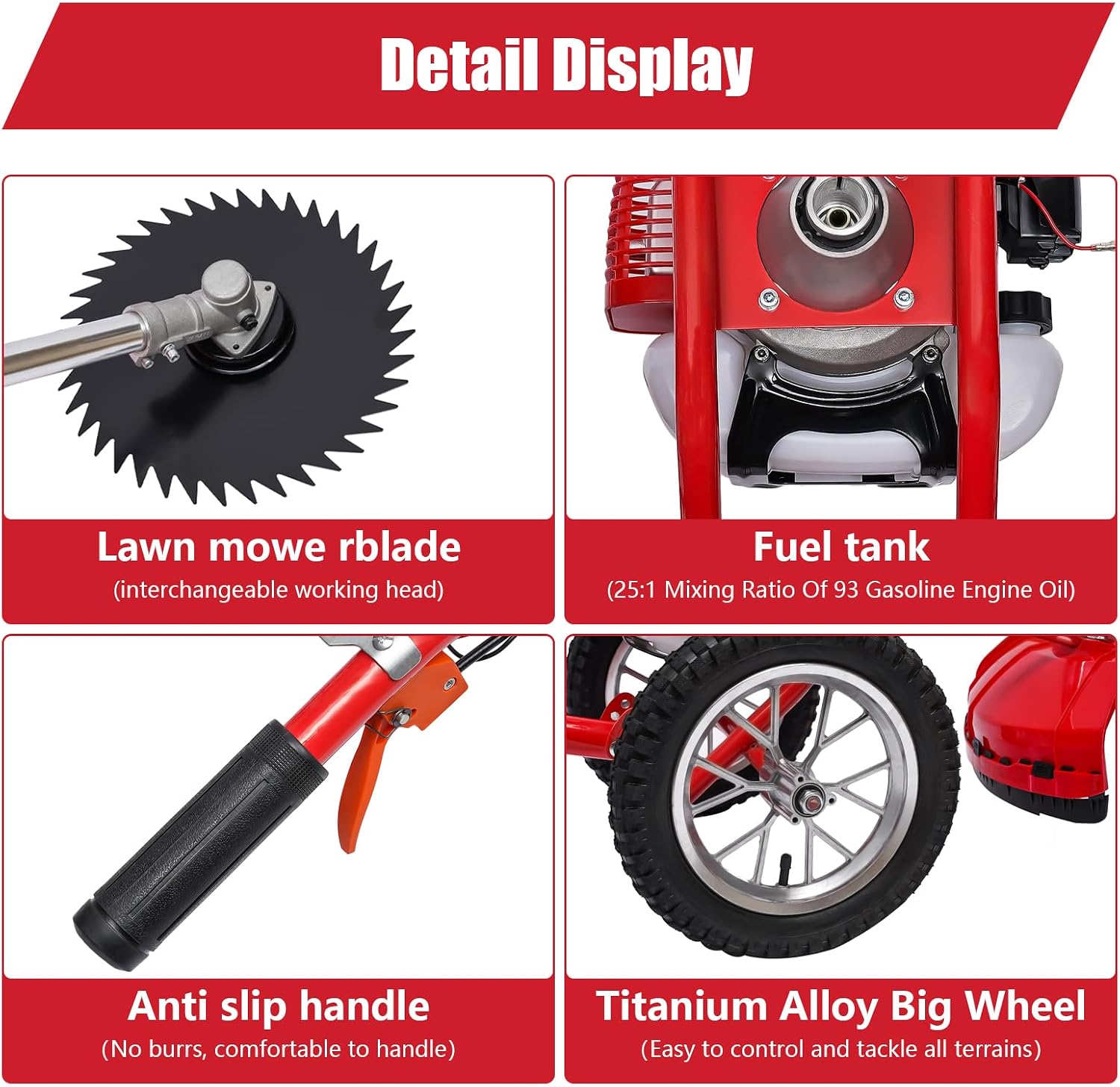 49CC Gas Lawn Mower,2-Stroke Push Lawn Mower 1.8KW 7000RPM Brush Cutter with 2 Loosening Blades Mowing & Loosening 2-in-1 Gas Mower with Air-Cooled System