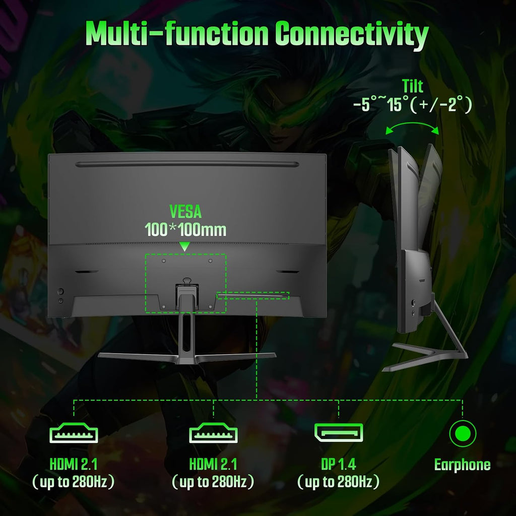 SANSUI 27 Inch 280Hz Curved Gaming Monitor,WQHD 280Hz / HD 400Hz Dual Mode,1500R Curved Computer Monitor, HDR400 135% sRGB 5000:1 Contrast Ratio, PIP/PBP,OD 1ms AI Crosshair,HDMI2.1 * 2, DP1.4,VESA