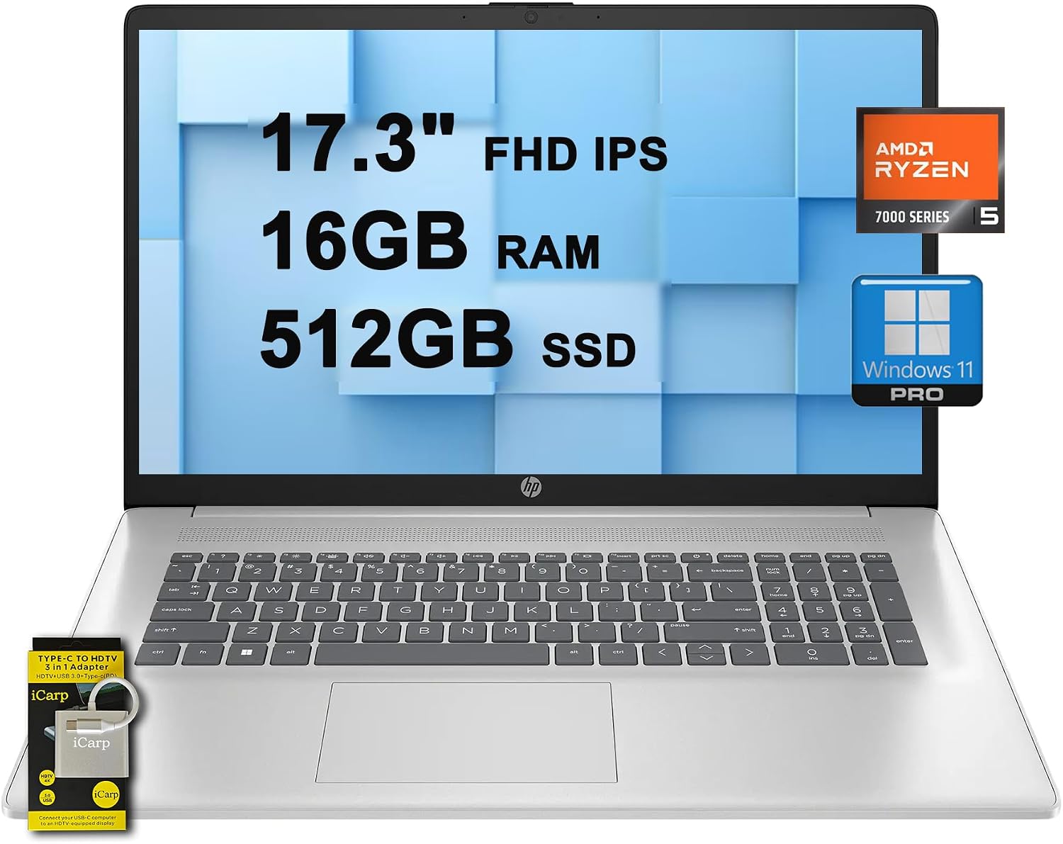 HP 17 Business Laptop 17.3' FHD IPS AMD Hexa-core Ryzen 5 7430U (Beats i7-1255U) 16GB RAM 512GB SSD USB-C Fast Charge Long-Lasting Battery Win11Pro w/ICP Accessory