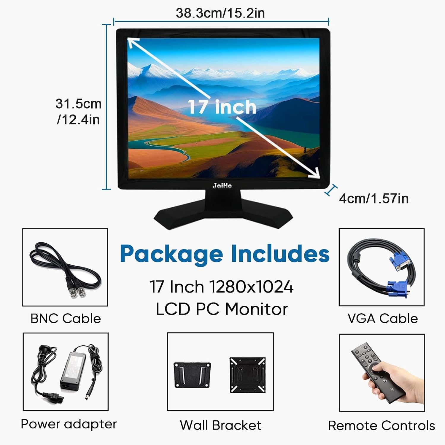 JaiHo 17-Inch 4:3 Security Monitor, 1280x1024 No Image Stretching CCTV Screen with Metal Housing, BNC HDMI VGA AV USB Input, Industrial Display with Built-in Speakers Remote Control & VESA Mount