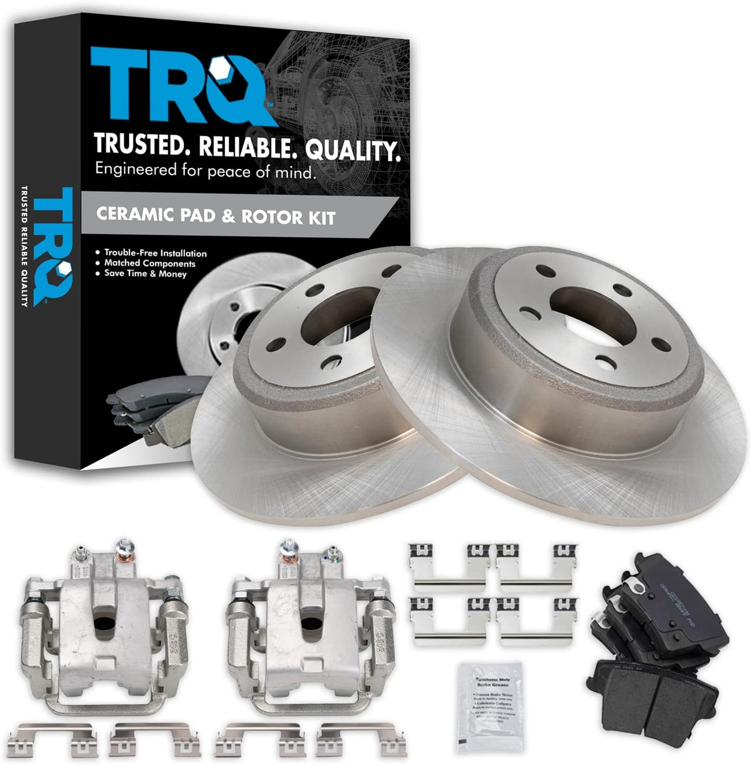 TRQ Rear Brake Pad and Rotor Set Ceramic Solid Rotors Calipers Compatible with 2005 Chrysler 300 2012 300 2013-2014 Dodge Challenger 2014 Charger