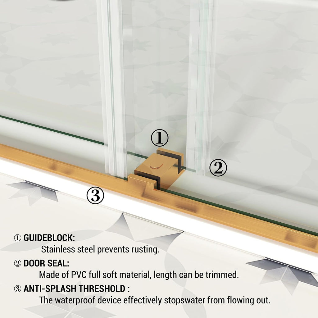 Shower Door, 56-61 'W x 76 'H, SGCC Certified 3/8' (10 mm) Clear Tempered Glass, 1 Towel Bar Handle, 1 Finger Pull, Frameless Double Sliding Shower Door,Stainless Steel Brushed Gold Finish