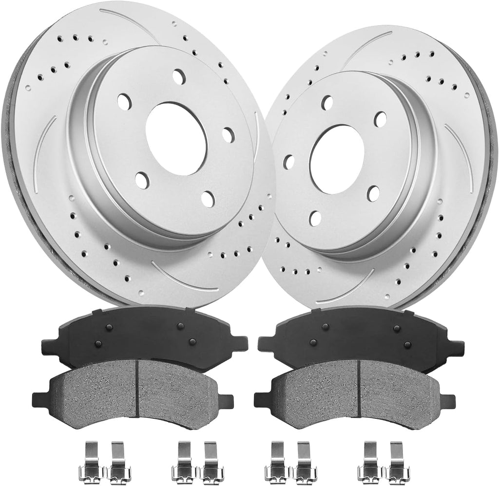 Anpulsero Front Automotive Replacement Brake Kit, Drilled and Slotted Brake Rotors Brake Pads Compatible with 2011-2018 Ram 1500, 2019-2023 Ram 1500 Classic| Anti-Rust Geomet Coated|336mm(13.2in)