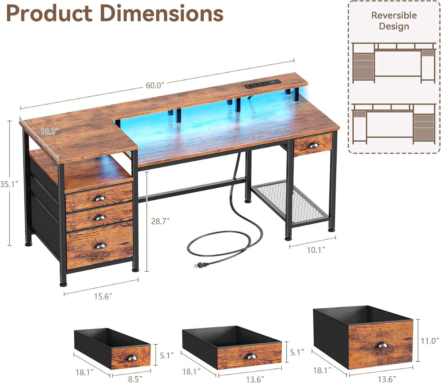 Furologee 60' Computer Desk with File Cabinet and Storage Shelves, Reversible Home Office Desk with LED Lights, Full Monitor Stand, Power Outlets, Study Gaming Table with 4 Drawers, Rustic Brown
