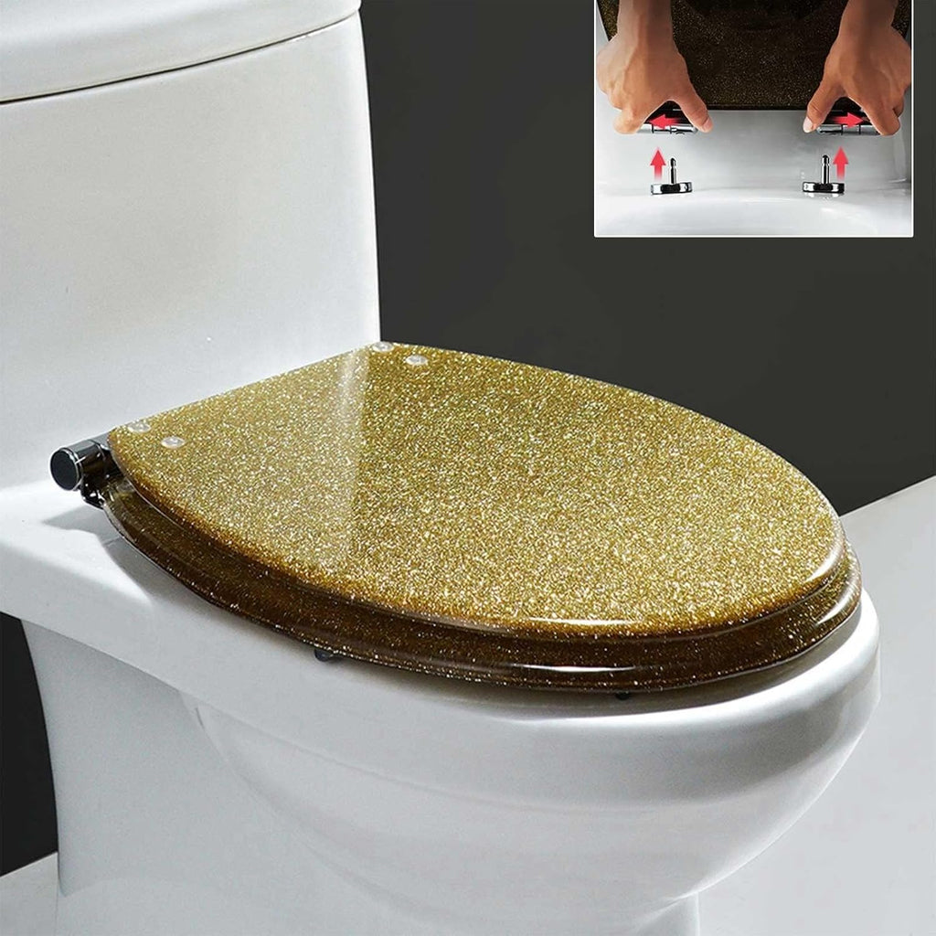 16.5 in Toilet Seat,Round Toilet Seat Cover Thicken Heavy Duty Non-Slip Toilet Lid Quick Release Easy Cleaning,Resin Toilet Seat with Adjustable Hinges,Silver，Gold