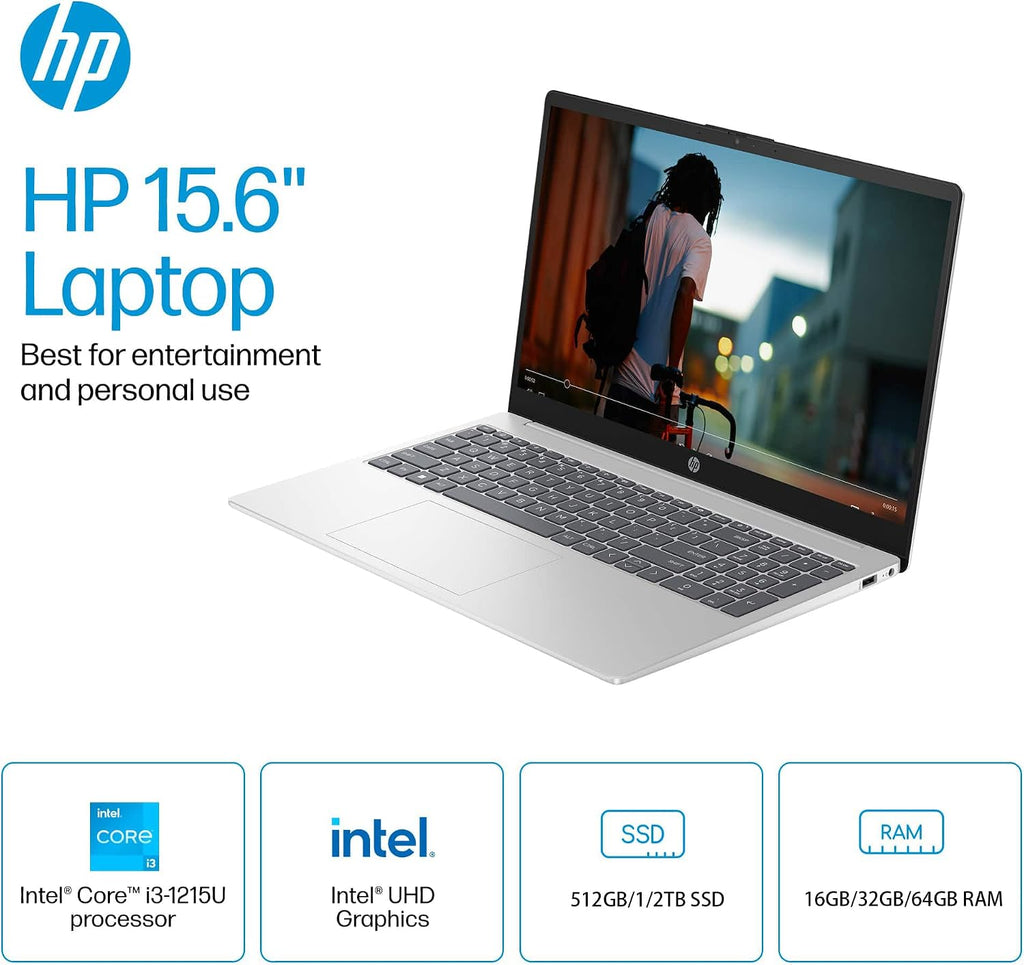 HP Laptop for Business and Student - 15.6' Touch Display, Intel 6-Core i3-1215U, 64GB RAM, 1TB SSD, Intel UHD GPU, HD Webcam, WiFi, Long Battery Life, HDMI, Win 11 Pro