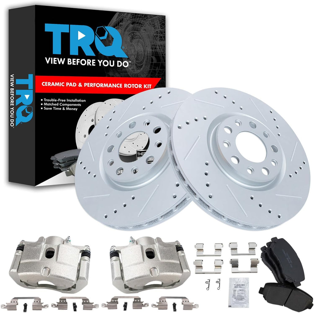 TRQ Performance Front Brake Pad and Rotor Set Ceramic Vented Coated Rotors Calipers Compatible with 2013-2016 Dodge Dart