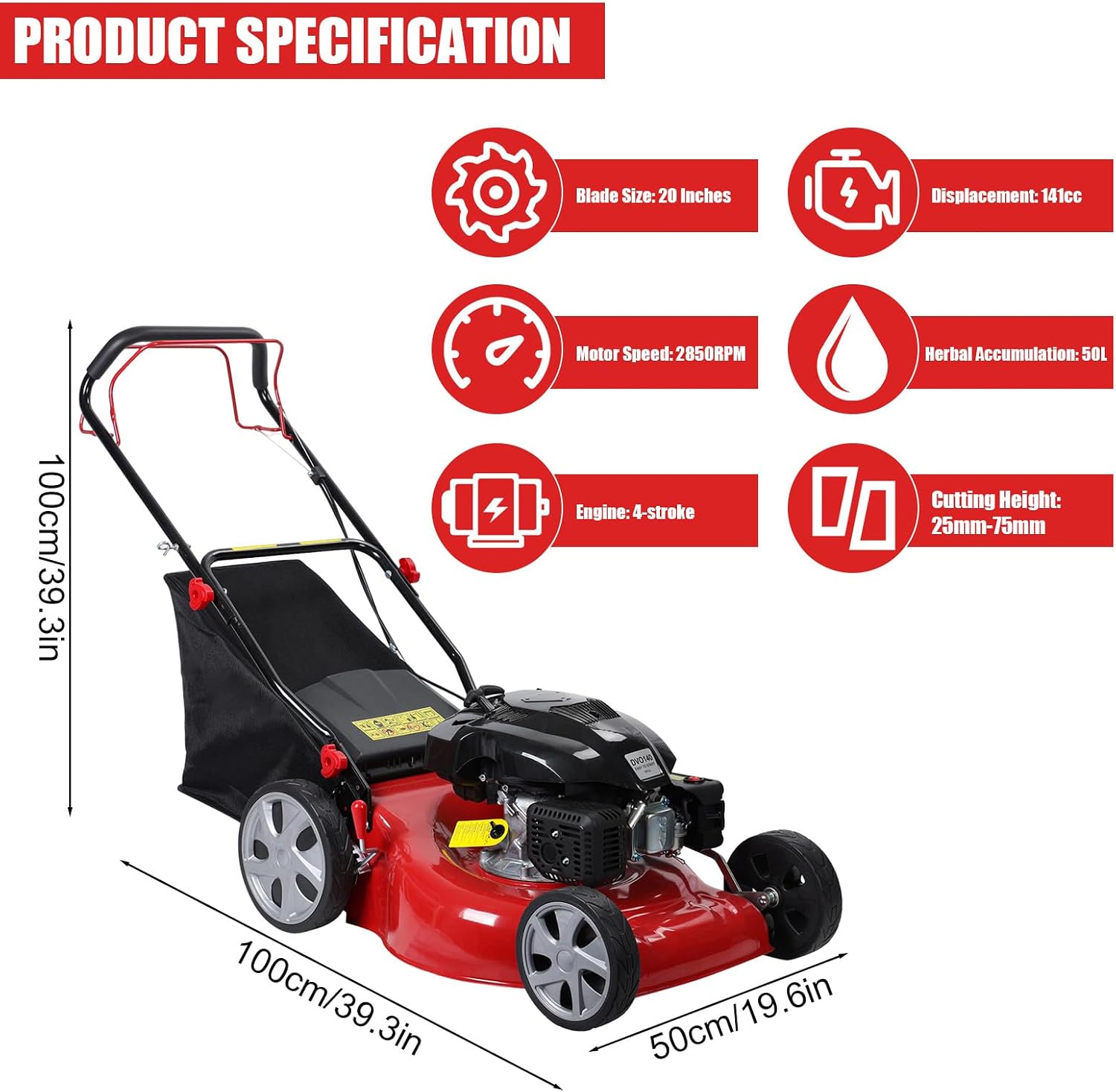 Self Propelled Gas Lawn Mower, 141cc 4-Stroke Push Lawn Mower, 20 Inches Walk-Behind Lawn Mowers, Cordless Lawn Mowers Manual Lawn Mowers with 50L Grass Tank ＆ Big Wheels for Home, Yard, Gard