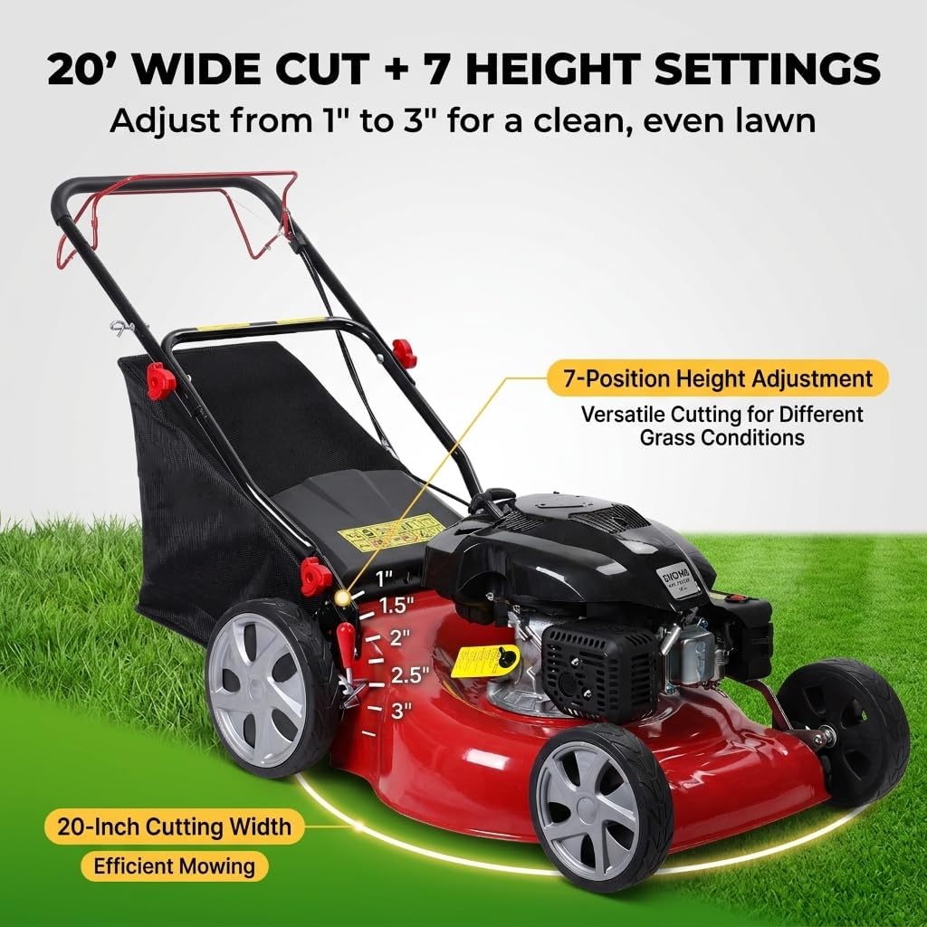 Self Propelled Gas Lawn Mower, 141cc 4-Stroke Engine, 20-Inch Walk-Behind Mower, 3-in-1 Mulching, Side Discharge & Rear Bagging, 7-Position Height Adjustment, 13.2-Gallon Grass Bag, High Rear Wheels
