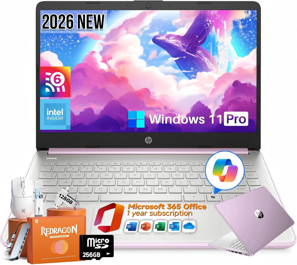 HP 2026 14 inch Laptop Computer, Copilot AI, Intel N150, 16 GB RAM, 512 GB Storage(128GB UFS+256GB MSD+128GB UFD), 1-Year Office 365, WiFi 6, Ultra Light, Portable, Windows 11 Pro, Honey Lavender