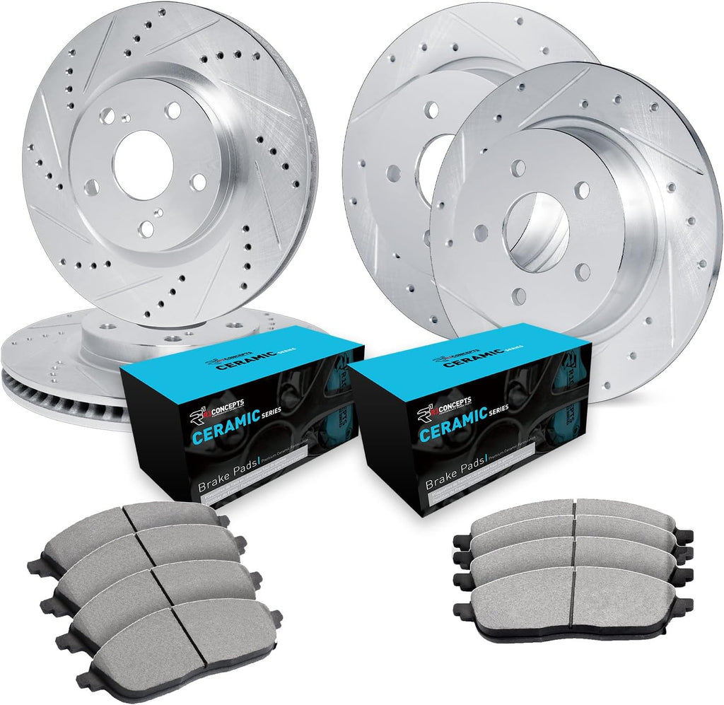 R1 Concepts Front and Rear Brake Kit Fits 1998-2005 Lexus GS300; 1998-2000 Lexus GS400; 2001-2005 Lexus GS430, IS300| Ceramic Brake Pads and Drilled Slotted Brake Rotors| 11.7' Front & 12.1' Rear