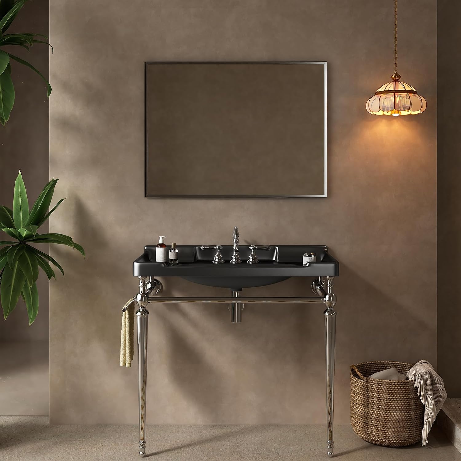 36'' Console Bathroom Sink, Freestanding Console Sink With Stainless Brushed Chrome Legs, Modern Bathroom Vanity with 3 Tap Holes, Black with Silver