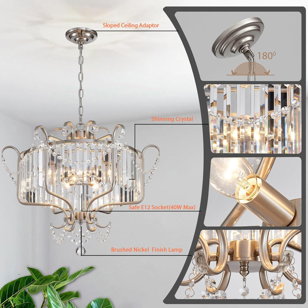 Modern Crystal Chandelier for Dining Room 24' Brushed Nickel Light Fixtures 6-Light Farmhouse Pendant Lighting for Kitchen Island Bedroom Hallway Entryway