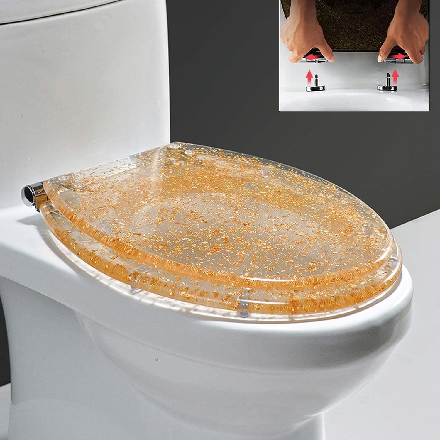 16.5 in Toilet Seat,Round Toilet Seat Cover Thicken Heavy Duty Non-Slip Toilet Lid Quick Release Easy Cleaning,Resin Toilet Seat with Adjustable Hinges,Silver，Gold Foil