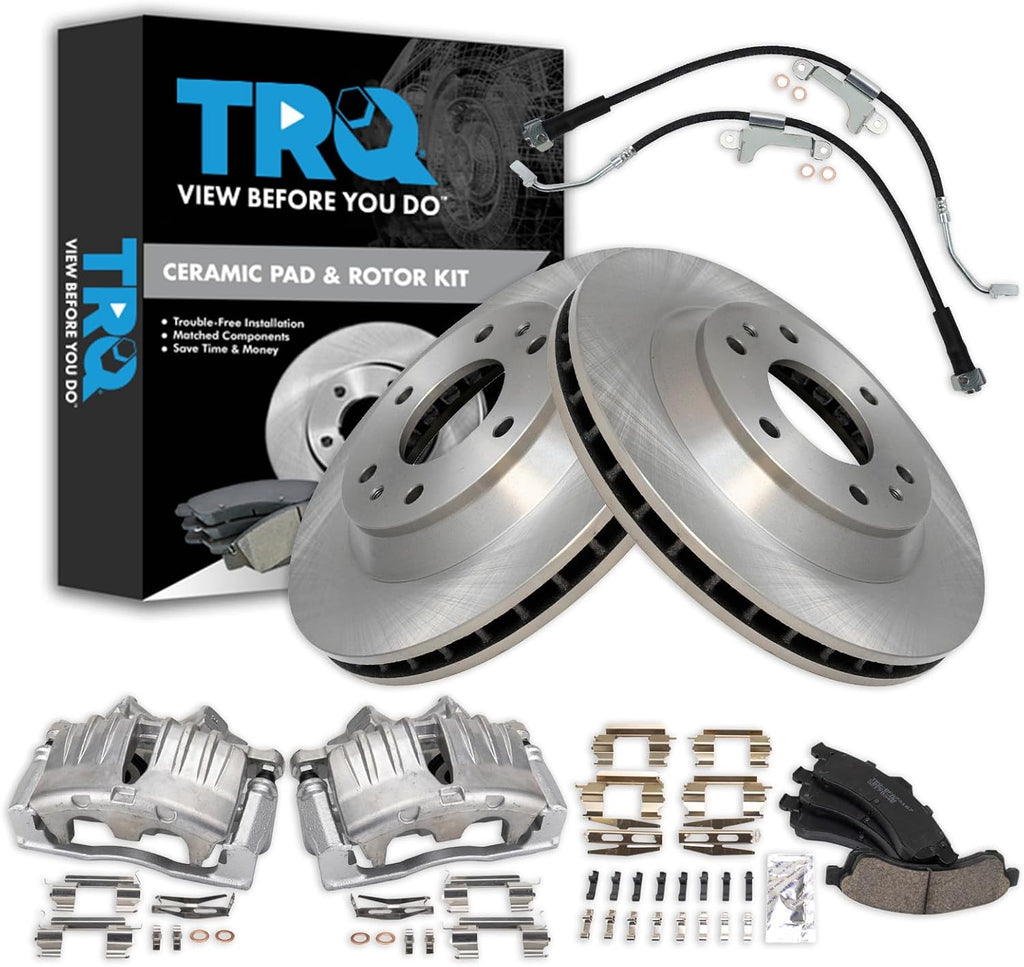 TRQ Front Brake Pad and Rotor Set Ceramic Vented Rotors Calipers Hoses Hardware Compatible with 2004-2005 Isuzu Ascender