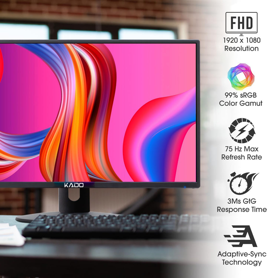 Kado Dual Monitor Setup - 2-Pack 24' 1920x1080 Computer Monitor 75Hz VESA Mount HDMI Office Gaming Hybrid Multitasking Daytrading Built-in Speakers