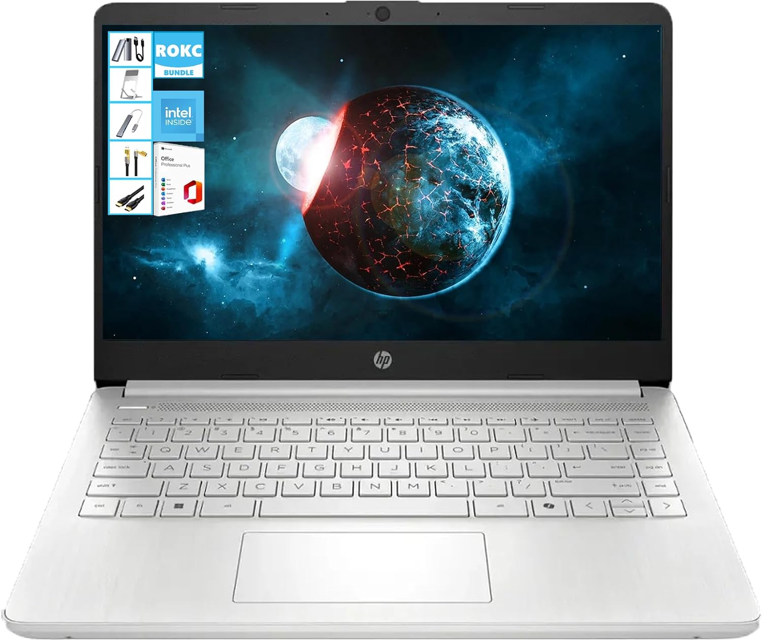 HP 14' HD Laptop with Microsoft Office and 1TB Cloud Storage (1-Year)| 8GB RAM| 128GB SSD & 128GB Portable SSD| Intel 4-Core CPU (Beat i3-10110U)| Ultra Light| Webcam| Windows 11| RK Bundle|Silver