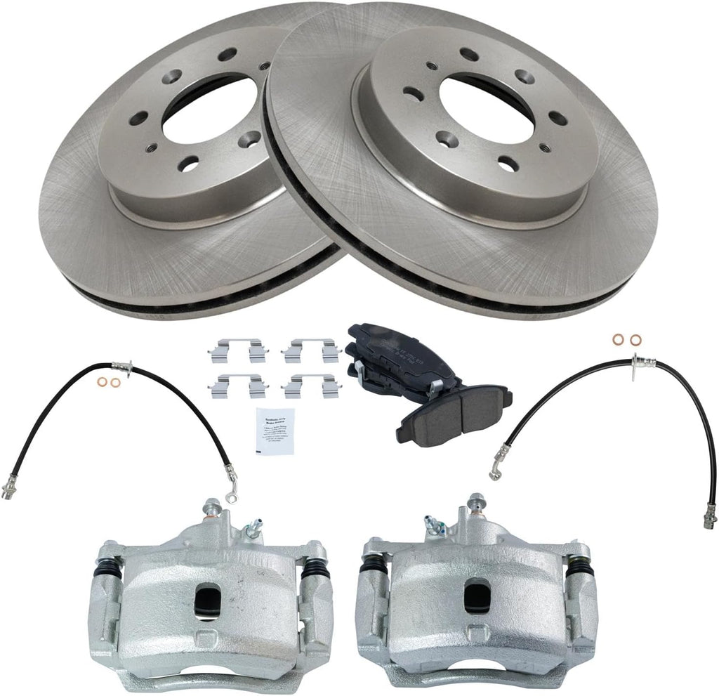 TRQ Front Brake Pad and Rotor Set Ceramic Rotors Calipers Hoses Compatible with 2001-2005 Honda Civic