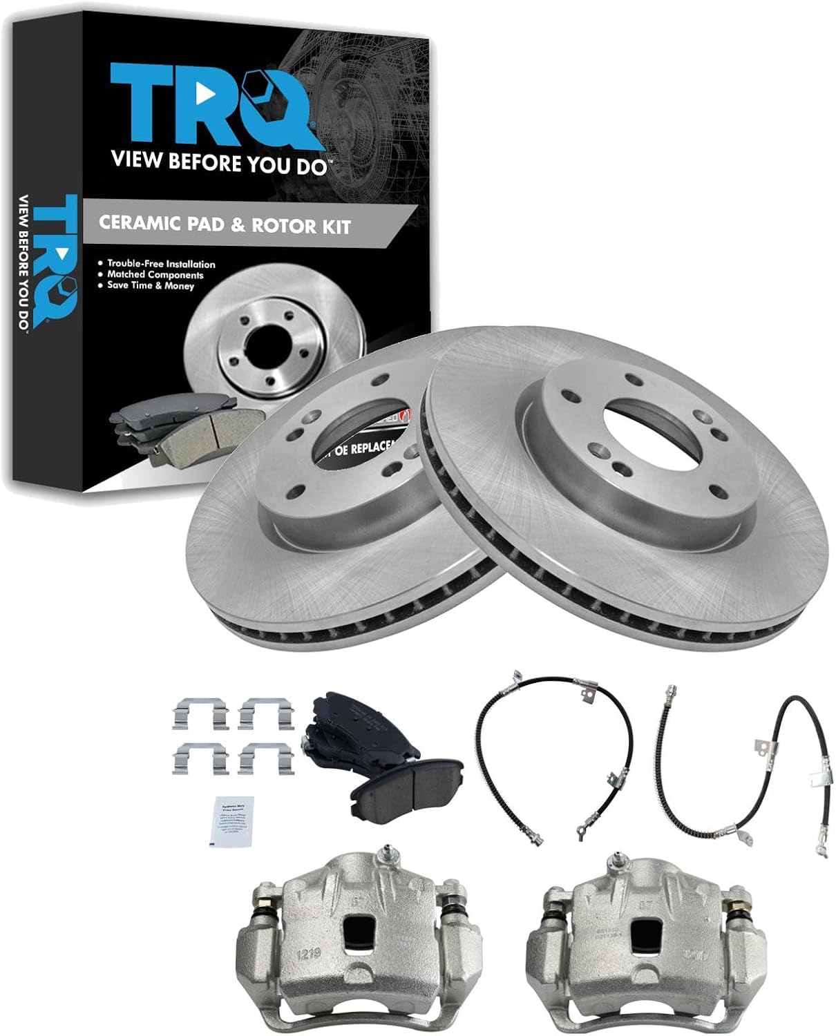 TRQ Front Brake Pad and Rotor Set Ceramic Vented Rotors Calipers Hardware Hoses Compatible with 2006-2010 Hyundai Sonata