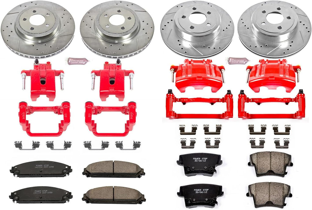 PowerStop Front and Rear Brake Kit for Chrysler 300 2012-21 |Dodge Challenger 2012-20 - Carbon-Fiber Ceramic Brake Pads + Drilled & Slotted Rotors + Red Powder Coated Calipers, KC2853A