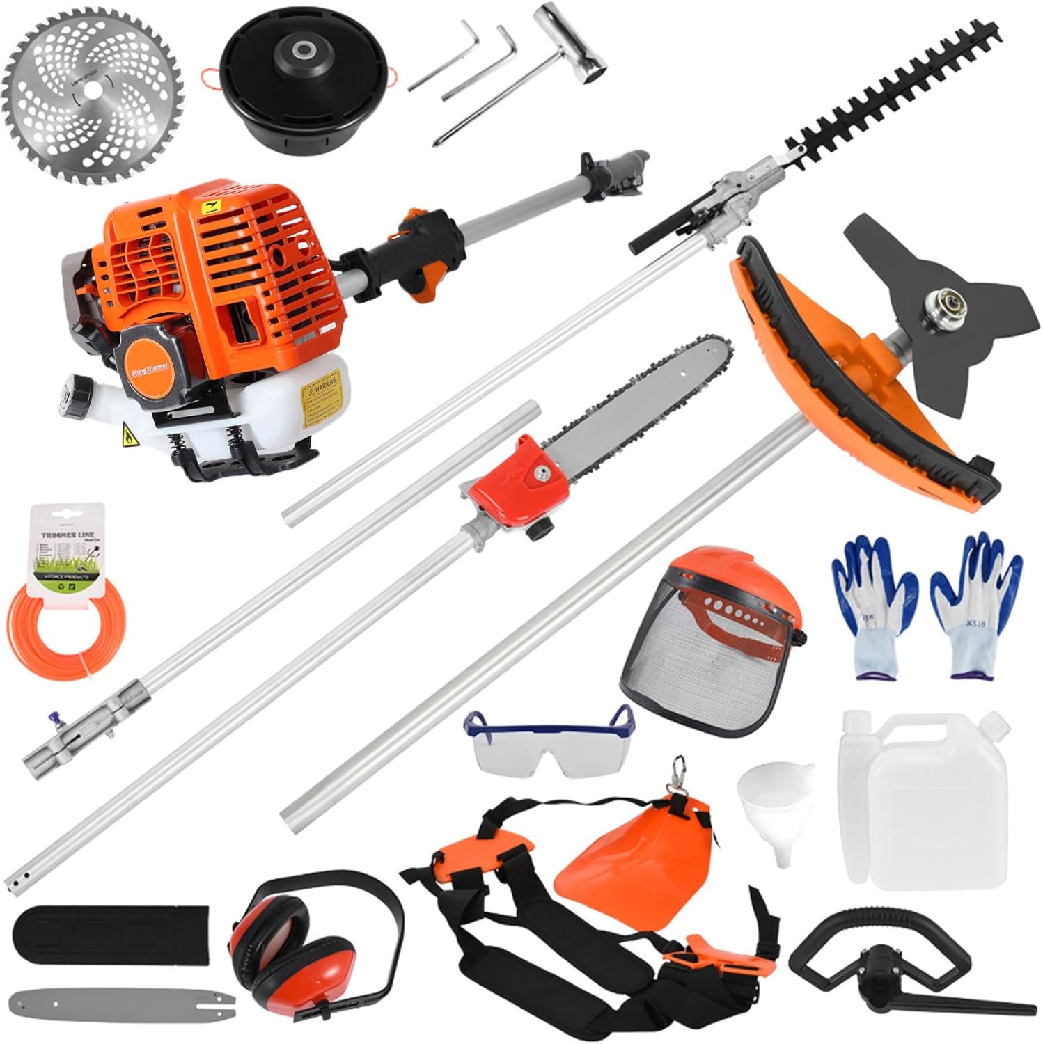 52cc 2 Stroke Gas Weed Wacker, 5 in 1 Tool Multifunctional Lawn Mower, Gas Powered Brush Cutter, Cordless Hedge Trimmer, Lightweight Handheld Chainsaw Hedge Pruner for Home Yard Lawn Care (Orange)