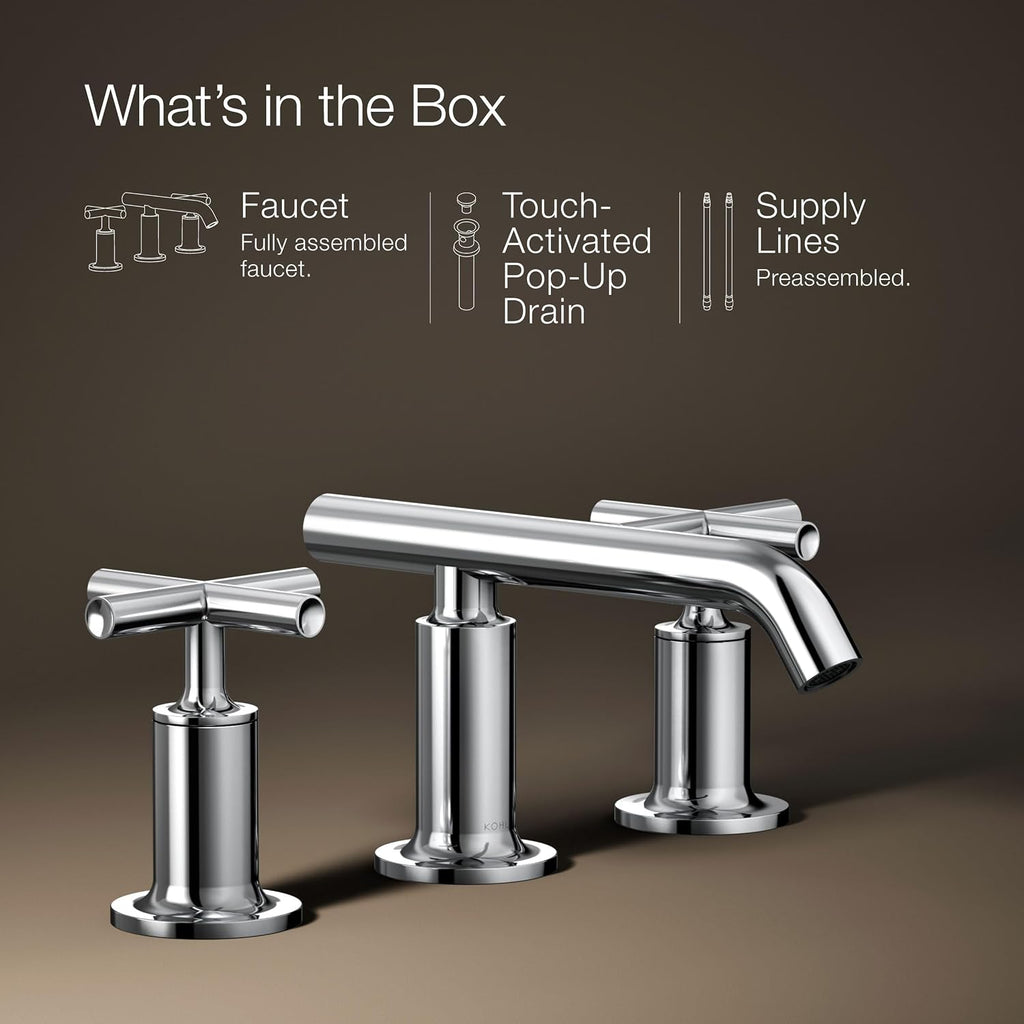 KOHLER k-14410-3-CP Purist® Widespread Bathroom Sink Faucet, 3-Hole Bathroom Faucets with Low Cross Handles and Low Spout, 1.2 GPM, Polished Chrome