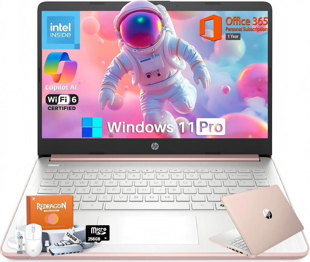 HP 2026 14 Laptop Computer Student Business, Copilot AI, Intel N150, 16GB RAM, 512 GB Storage(128GB UFS+256GB MSD+128GB UFD), 1-Year Office 365, WiFi 6, Ultralight, Portable, Windows 11 Pro, Rose Gold