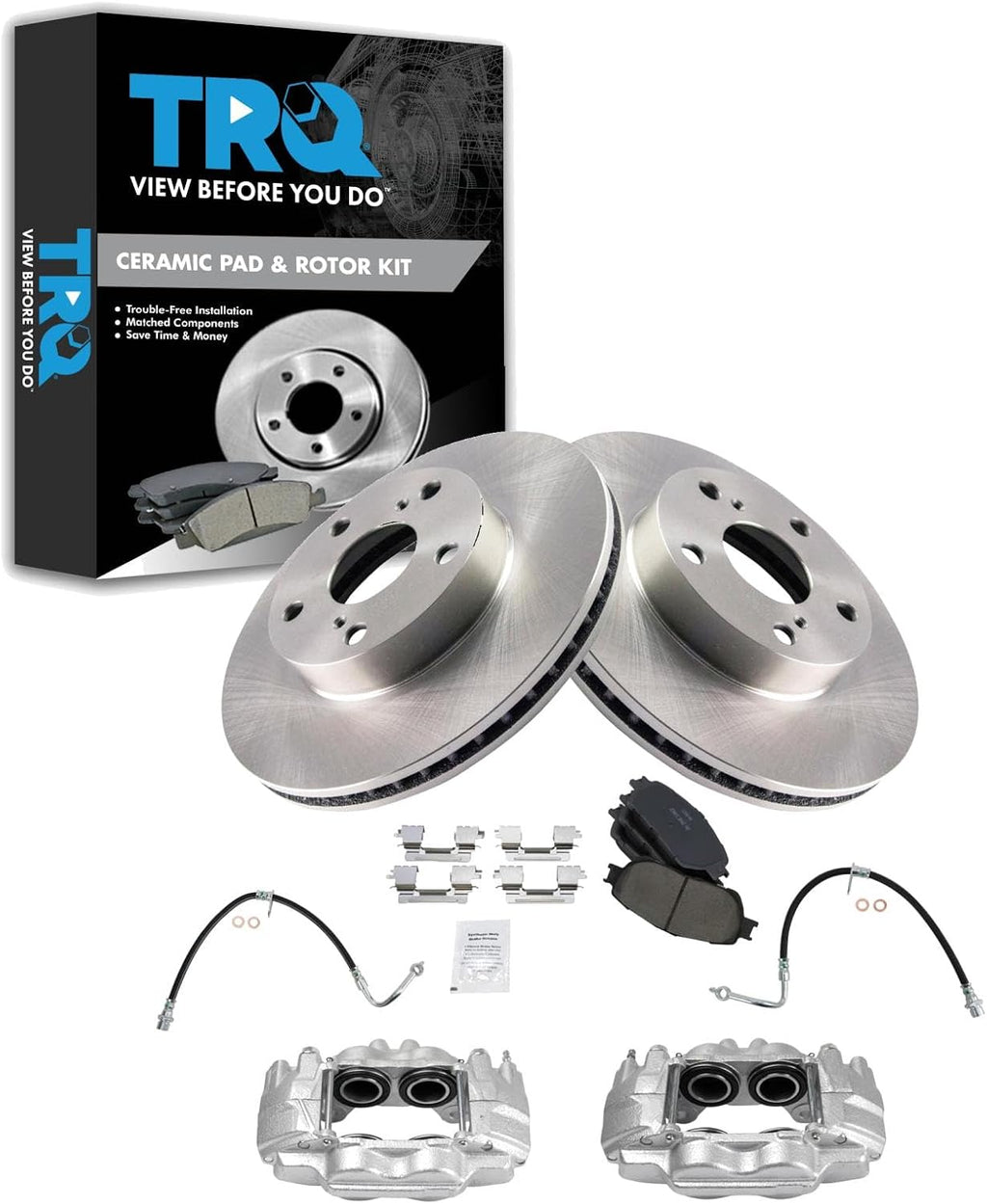 TRQ Front Brake Pad and Rotor Set Ceramic Rotors Calipers Hoses Compatible with 2005-2015 Toyota Tacoma