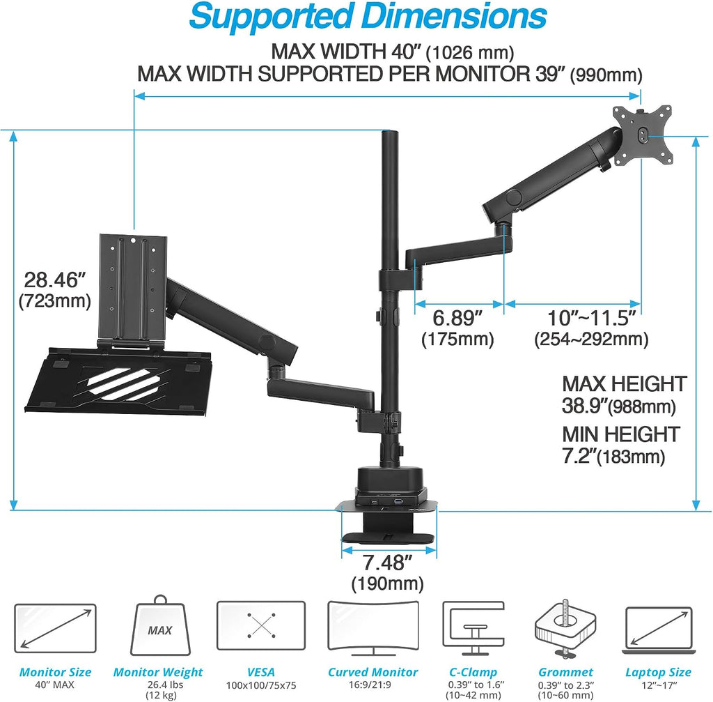 AVLT Laptop & 40 Inch Monitor Arm Pole Top Mount with USB-C&A Ports-Black, VESA Compatible, Supports 26.4 lbs (12 kg), Ultrawide Screen Fit, Adjustable Height, Tilt Swivel Rotate, Cable Management