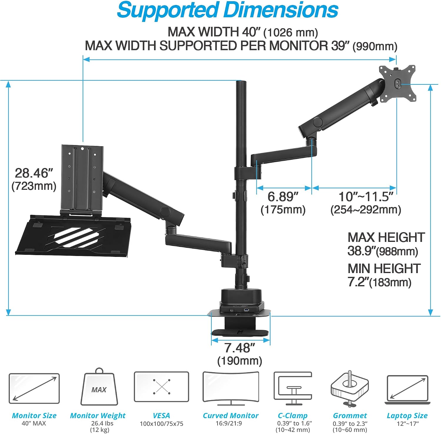 AVLT Laptop & 40 Inch Monitor Arm Pole Top Mount with USB-C&A Ports-Black, VESA Compatible, Supports 26.4 lbs (12 kg), Ultrawide Screen Fit, Adjustable Height, Tilt Swivel Rotate, Cable Management