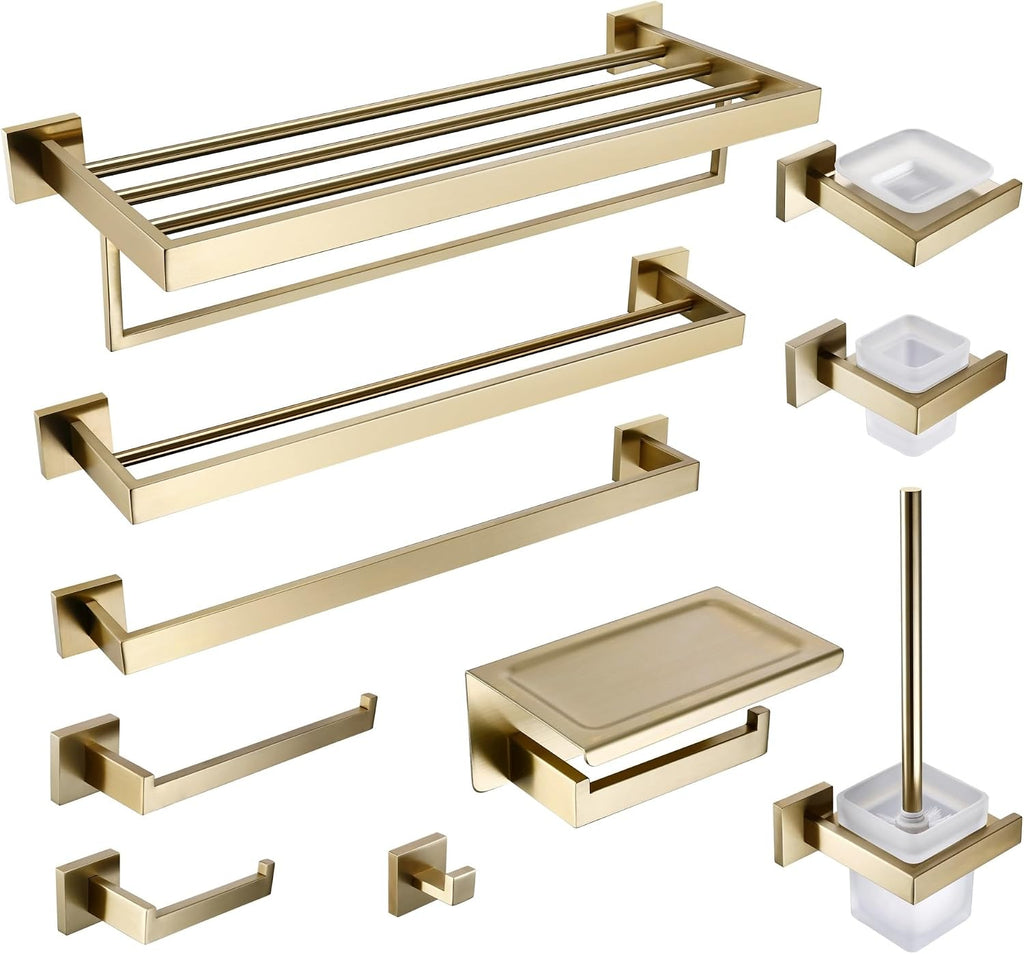 RAHBI Brushed Gold Bathroom Accessories Set Toilet Brush Holder Toilet Paper Holder Towel Bar Rail Rack Hanger Hook Soap Dish Hardware Leisurely (Color : Double Towel Bar 560-01)