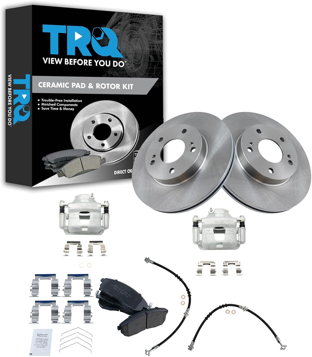 TRQ Front Brake Pad and Rotor Set Ceramic Rotors Calipers Hoses Compatible with 1996-1999 Infiniti I30 1989-1999 Nissan Maxima