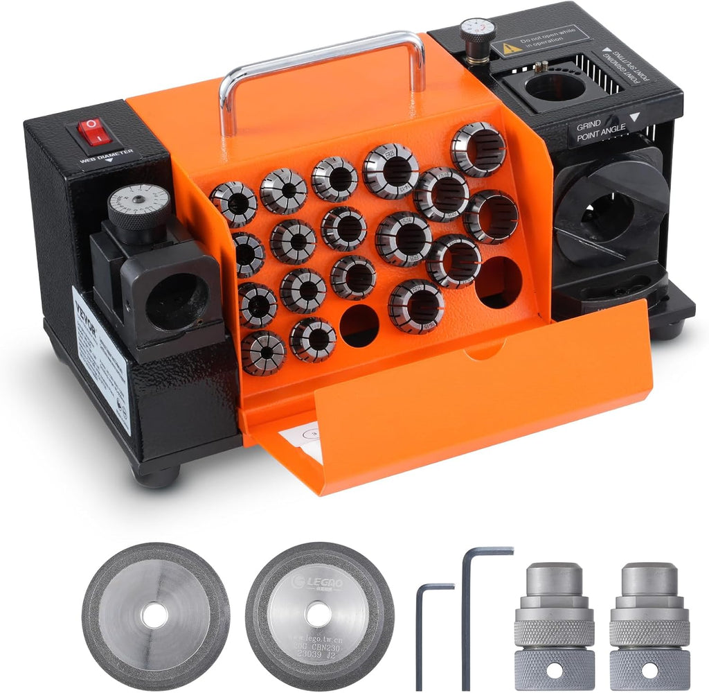 VEVOR Drill Bits Sharpener, 3-20mm Drill Bits Grinder Sharpener, Lip Relief Angle & 95°-135° Point Angle Adjustable Drill Bit Re-Sharpener, Portable Sharpening Machine with 18 Collets, CBN & SDC Wheel