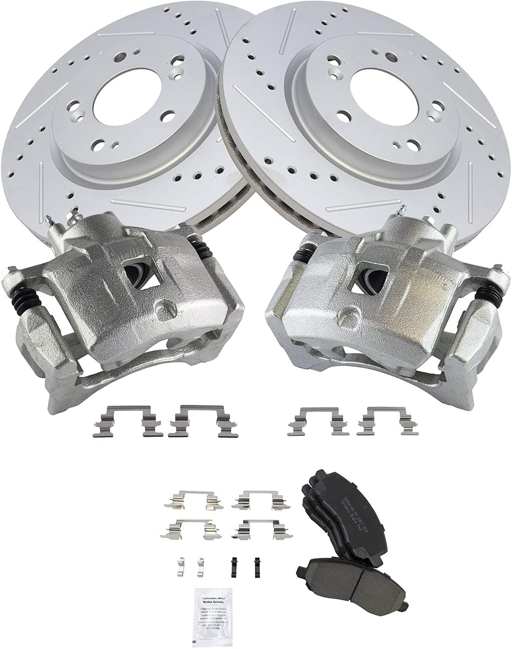 TRQ Performance Front Brake Pad and Rotor Set Ceramic Coated Drilled Slotted Vented Rotors Calipers Compatible with 07-17 Jeep Compass Patriot 08-14 Dodge Avenger 07-12 Caliber 11-14 Chrysler 200