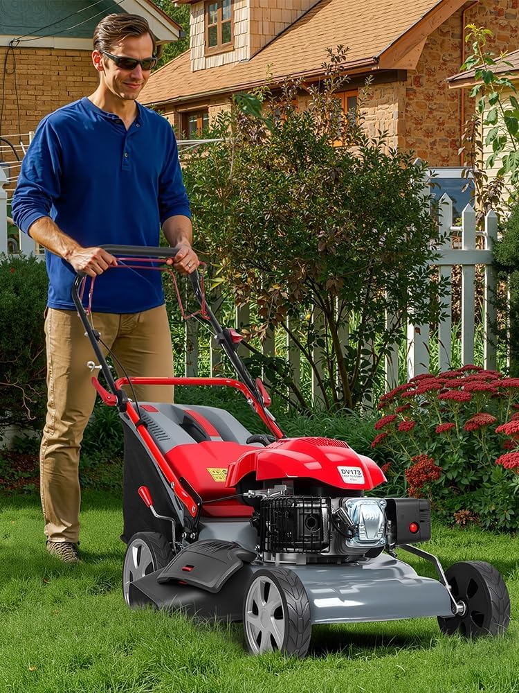 Self Propelled Lawn Mower, 20 Inch Gas Lawn Mower with 173cc Engine, Rear Wheel Drive Push Mowers with 60L Grass Bag, Adjustable Cutting Height Lawns Cutter for Yard Patio Landscaping Red