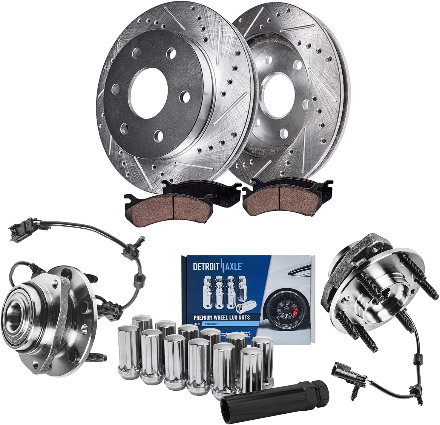 Detroit Axle - Front Wheel Bearing Hubs Brake Kit for Chevy Trailblazer SSR GMC Envoy XL Buick Rainier Ascender Saab 9-7X Wheel Bearing Hubs Brake Rotors Brakes Pads Replacement : 12.8 inch Rotors