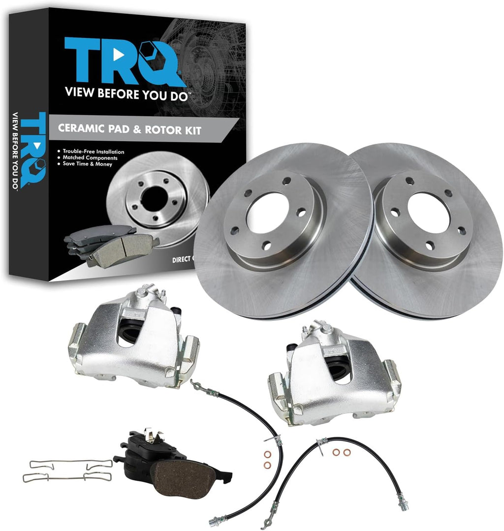 TRQ Front Brake Pad and Rotor Set Ceramic Rotors Calipers Hoses Compatible with 2004-2007 Mazda 3 2006-2007 5