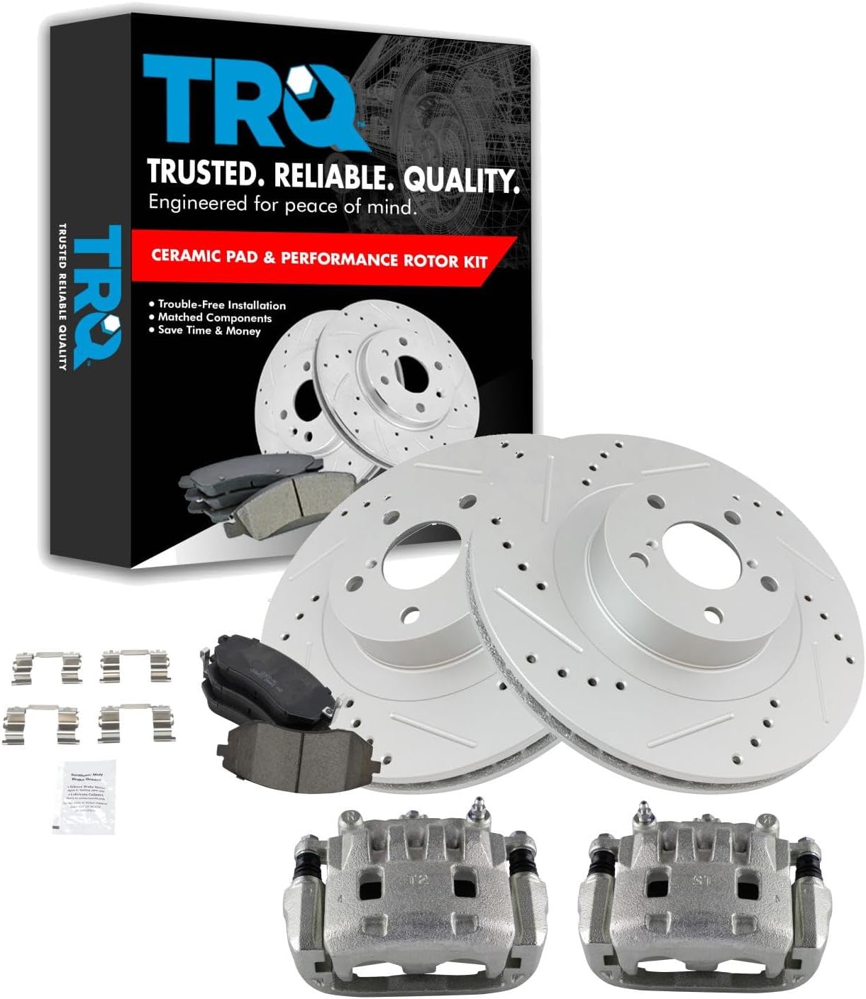 TRQ Performance Front Brake Calipers Ceramic Pads Drilled Rotors Compatible with Forester Impreza Legacy