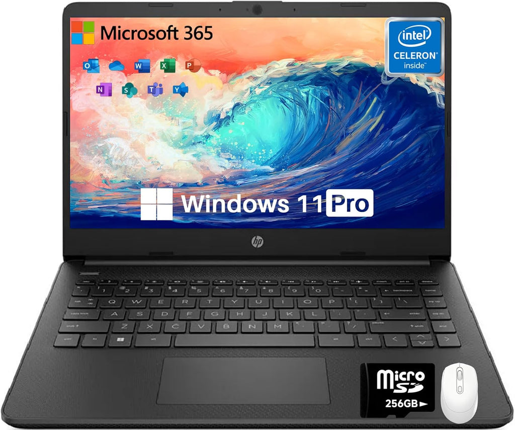 HP 14 Inch Laptop Student Business, Intel Dual-Core N4120, 16 GB RAM, 384 GB Storage(128GB eMMC+256GB MSD), Webcam, HDMI, WiFi, 1-Year Office 365 & Windows 11 Pro, w/Accessories