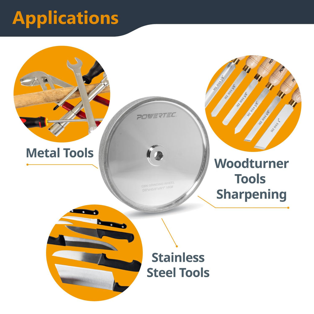 POWERTEC CBN Grinding Wheel 8 Inch, 5/8' Arbor, 8' x 1' Wide 180 Grit Bench Grinder Wheel & 8' x 1-1/2' Wide 80 Grit, 4-in-1 CBN Sharpening Wheel w/ 1/4' Radius Edge and Side Face - 2PK (15710)