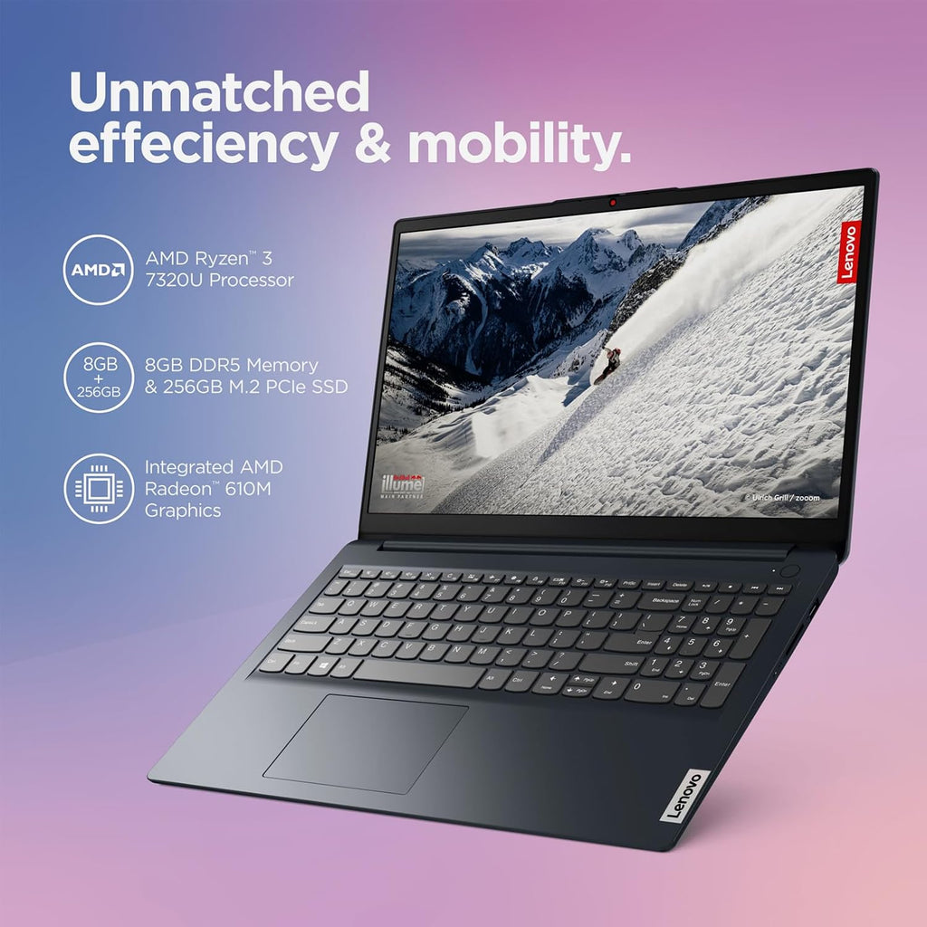 Lenovo IdeaPad Laptop, 15.6' 1920 x 1080 (FHD) Display, AMD Ryzen 3 7320U Processor, 8GB LPDDR5 RAM, 256GB SSD, Wi-Fi 6, SD Card Reader, HDMI, Webcam, Windows 11 S, Abyss Blue, EAT Cloth